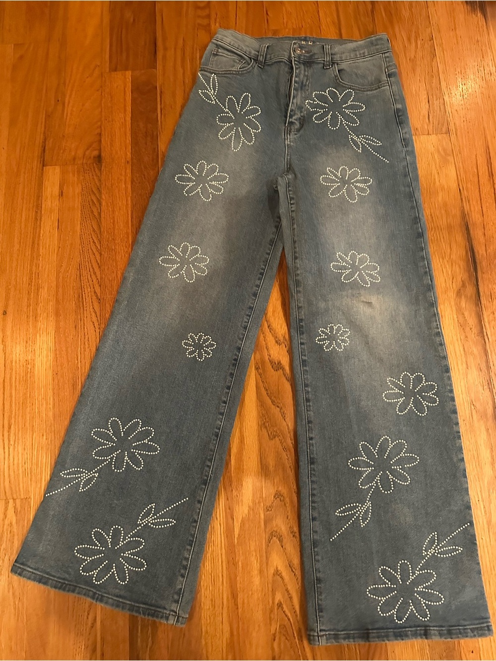 Blue Wide-Leg Floral Studded Women’s Jeans